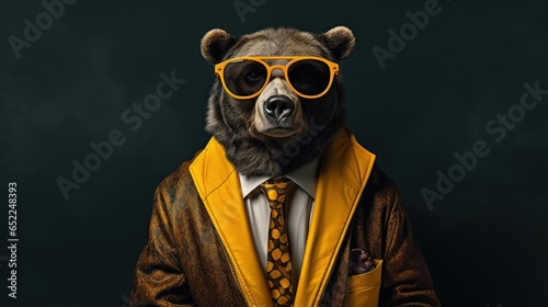 Funny Portrait of a bear in a yellow jacket and sunglasses on a black background. ai generative © mariof