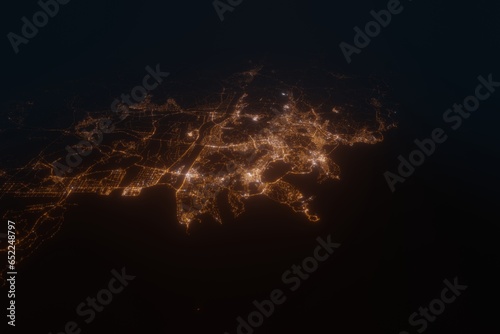 Aerial view on Busan (South Korea) from south. Satellite view on modern city at night