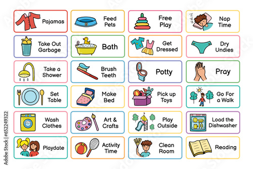 Kids daily routine chores collection. Responsibilities list for the chore chart. Morning and evening tasks set. Vector illustration