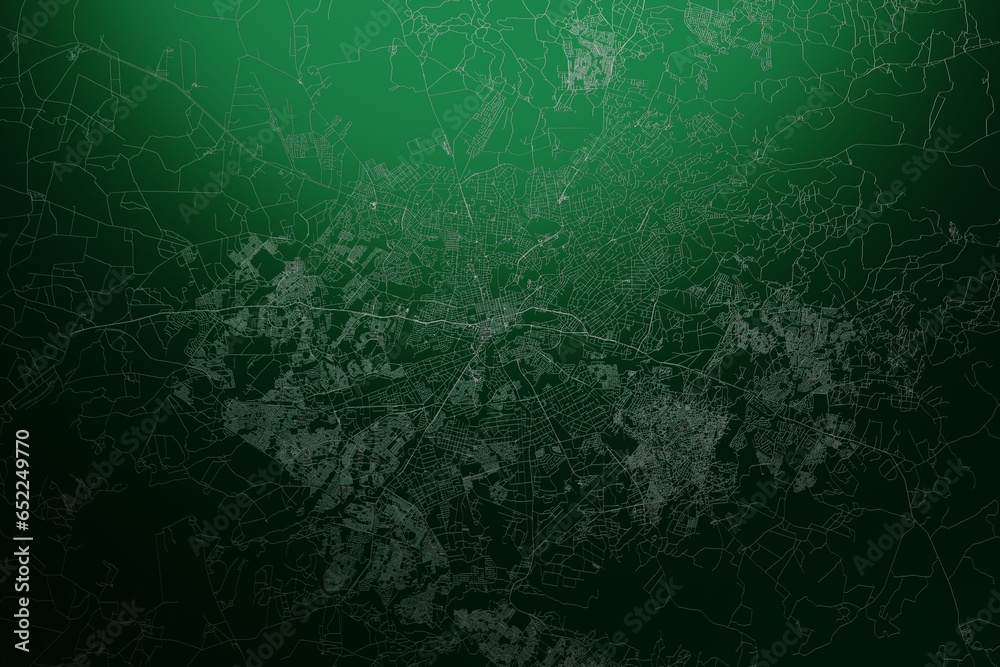 Street map of Harare (Zimbabwe) engraved on green metal background. Light is coming from top. 3d