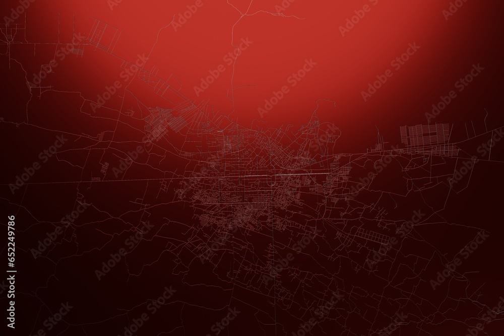 Street map of Herat (Afghanistan) engraved on red metal background. Light is coming from top. 3d render, illustration - obrazy, fototapety, plakaty 