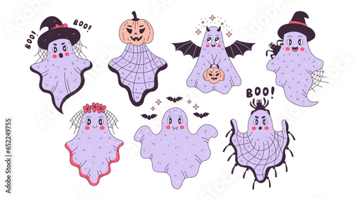 Halloween Ghost comic collection. Vector illustration set with funny purple ghost characters in retro cartoon style for holiday design