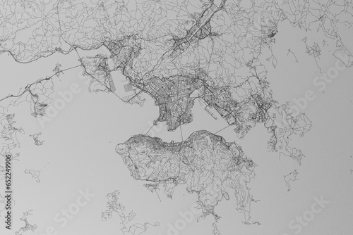 Map of the streets of Hong Kong made with black lines on grey paper. Top view. 3d render, illustration