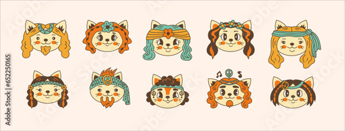 Hippie cat head collection. 60s 70s classic cartoon style animal character face. Pet avatar vector illustration set retro fashion design