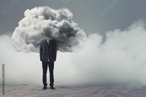 A Mental health, Depression and Disappointment, Concept of a man with a dark cloud over his head, A failed businessman is angry and upset, Generative AI Illustration photo