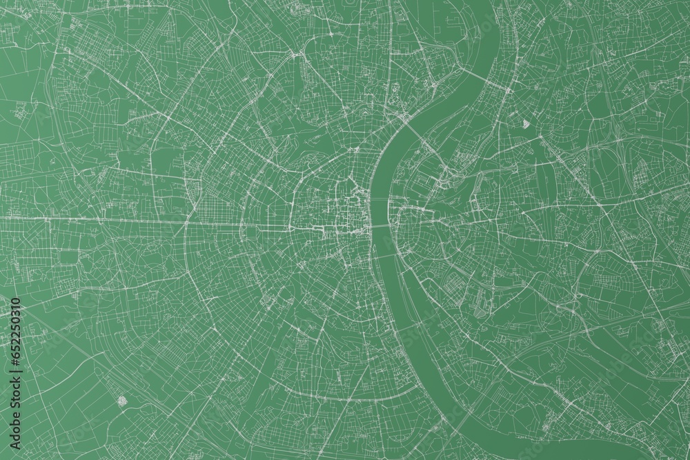 Stylized map of the streets of Cologne (Germany) made with white lines on green background. Top view. 3d render, illustration