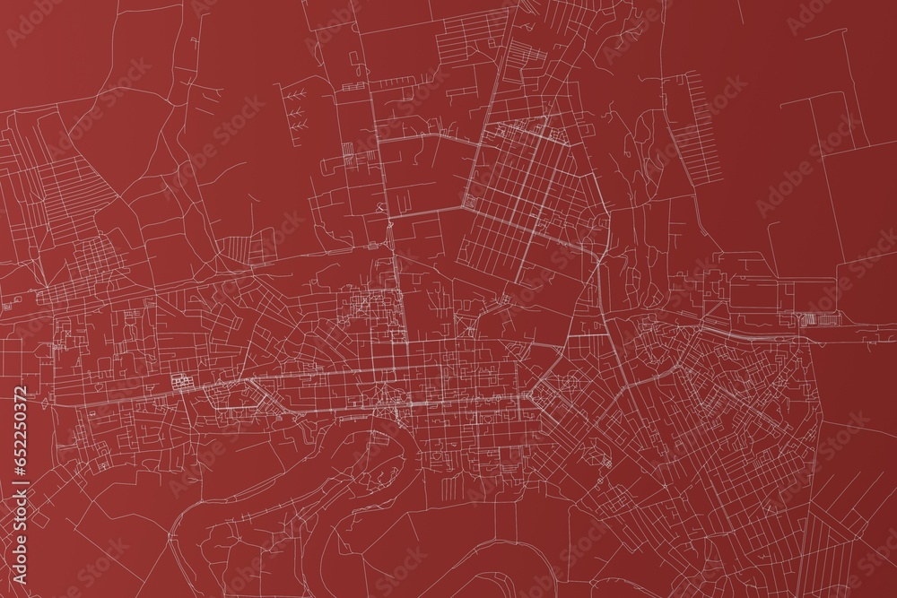 Map of the streets of Tiraspol (Moldova) made with white lines on red background. Top view. 3d render, illustration
