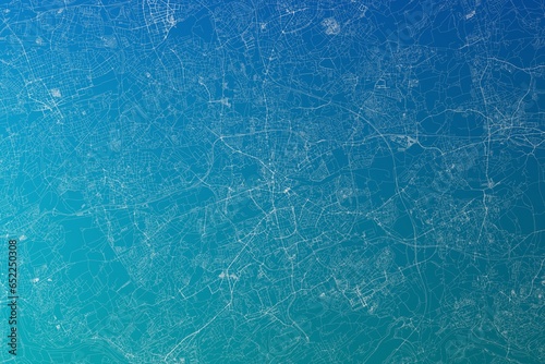 Map of the streets of Bochum (Germany) made with white lines on greenish blue gradient background. 3d render, illustration