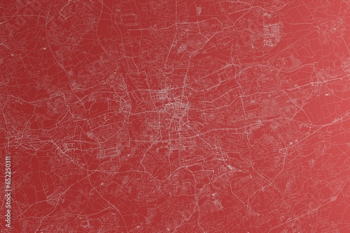 Map of the streets of Dortmund (Germany) made with white lines on red paper. Top view, rough background. 3d render, illustration