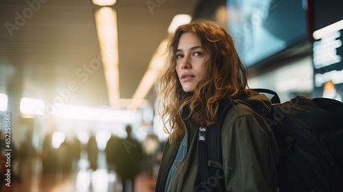 a female backpacker waiting for a flight at the airport. generative AI
