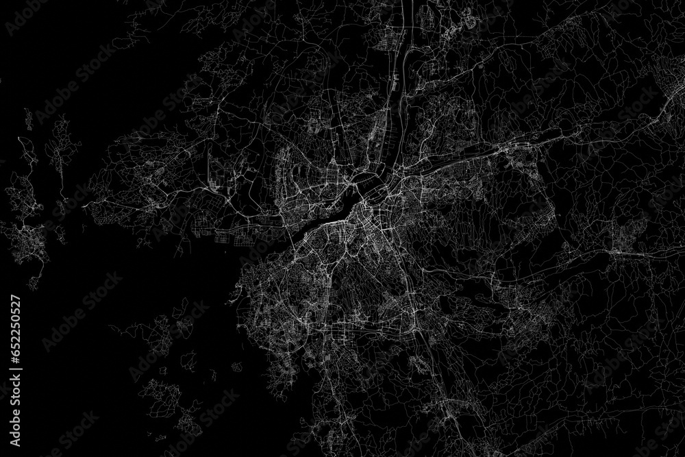 Stylized map of the streets of Gothenburg (Sweden) made with white lines on black background. Top view. 3d render, illustration Stylized map of the streets of Gothenburg (Sweden) made with white lines on black background. Top view. 3d render, illustration
