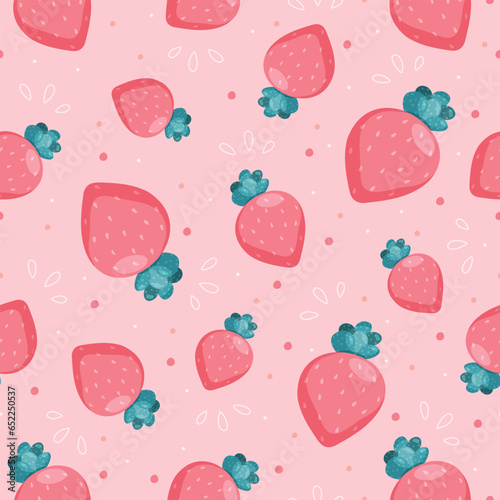 Juicy strawberry seamless vector pattern. Summer berry background. Use for fabric, gift wrap, packaging. Vector illustration in flat cartoon style.