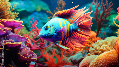 Photo Colorful fish swims among colorful corals, highly contrast colorfull details
