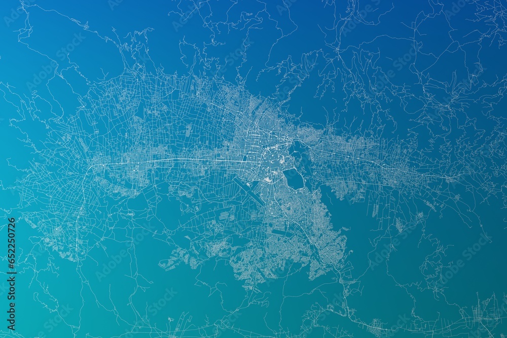 Map of the streets of Cochabamba (Bolivia) made with white lines on greenish blue gradient background. 3d render, illustration Map of the streets of Cochabamba (Bolivia) made with white lines on greenish blue gradient background. 3d render, illustration