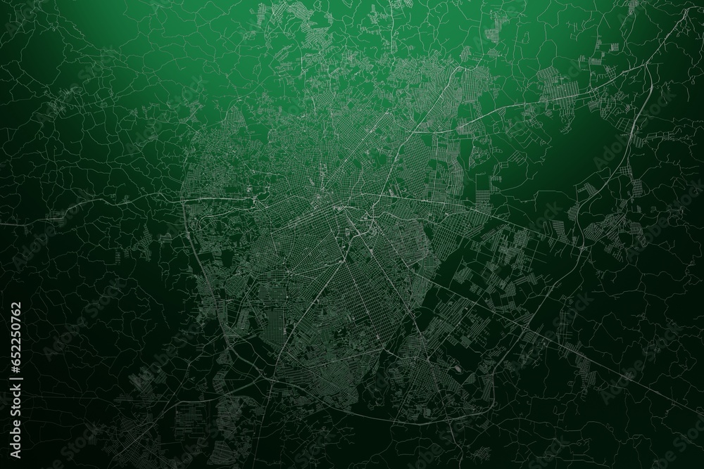 Street map of Curitiba (Brazil) engraved on green metal background. Light is coming from top. 3d render, illustration - obrazy, fototapety, plakaty 