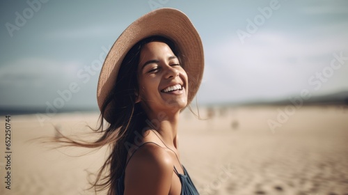 Portrait of a beautiful young woman in hat on the beach.