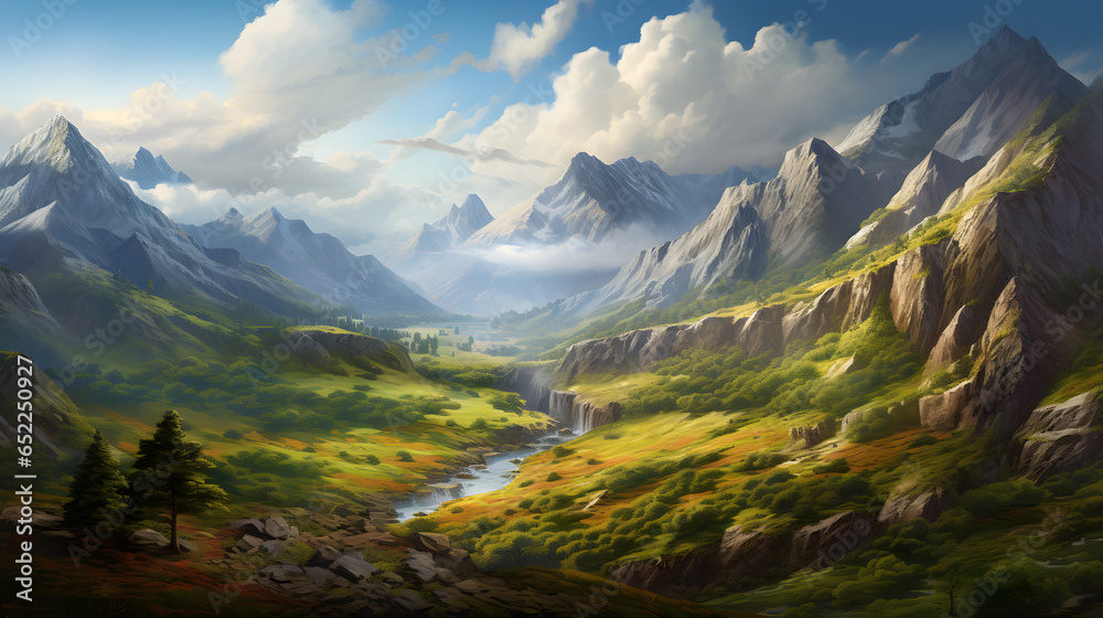 Fototapeta premium Take in the breathtaking views of mountain peaks and valleys. This highly detailed image showcases the undulating terrain and the interplay of light and shade across the landscape.