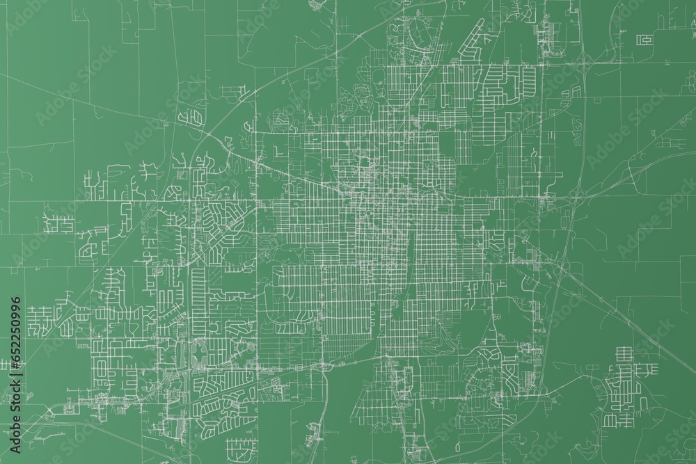 Stylized map of the streets of Springfield (Illinois, USA) made with white lines on green background. Top view. 3d render, illustration