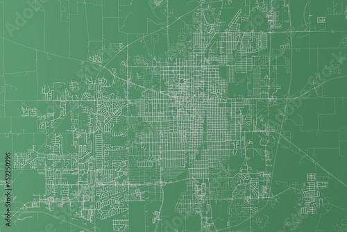 Stylized map of the streets of Springfield (Illinois, USA) made with white lines on green background. Top view. 3d render, illustration