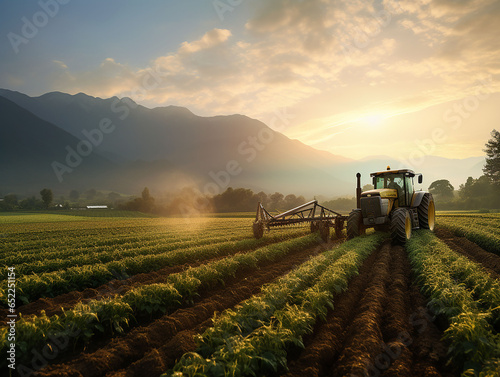 tractor with sprinkler driving through field, mountains in background.