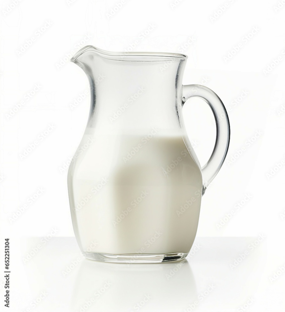 A glass pitcher filled with fresh milk on a clean white background A glass pitcher filled with fresh milk on a clean white background