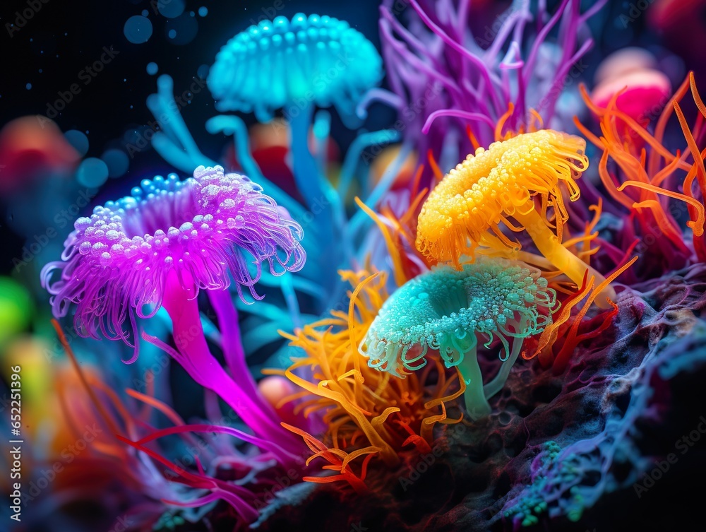 Surreal colorful glowing mushrooms. Abstract image