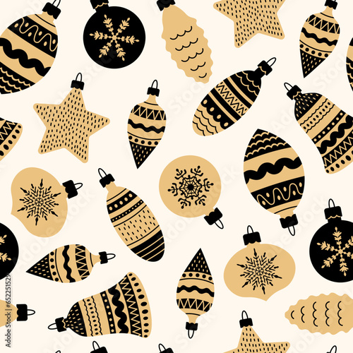 Golden Christmas baubles seamless pattern in doodle style. Elegant Xmas holiday background with falling Christmas bulbs. Repeat vector illustration