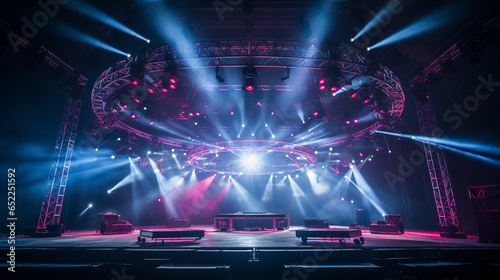Live stage production with a circular light truss  in a center stage type live venue.Dj  electronic music typesetting. ai generative