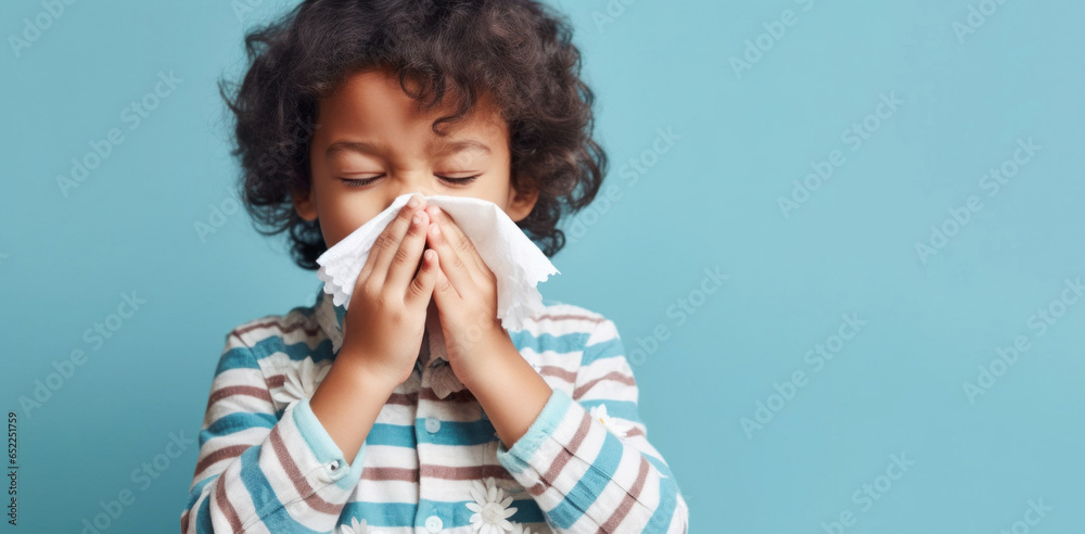 A little boy using a white tissue for his runny nose in a studio. A little boy using a white tissue for his runny nose in a studio.