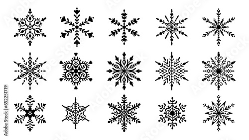 Black Snowflakes big set. Large collection of elegant snowflakes in line art style for winter, New year, Christmas design. Vector illustration