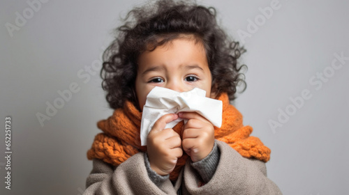 A studio portrait of a boy using a tissue for a runny nose.