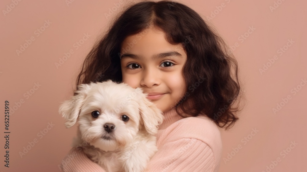 A sweet moment between a happy girl and her dog in a studio portrait. A sweet moment between a happy girl and her dog in a studio portrait.