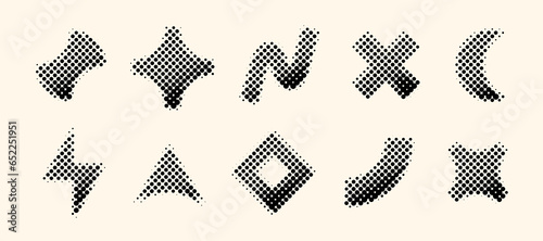 Halftone geometric shapes set. Dotted cross, wave, arc, crescent, bolt elements with gradient. Black textured objects for banner, poster, collage, flyer, booklet, brochure, cover. Vector collection