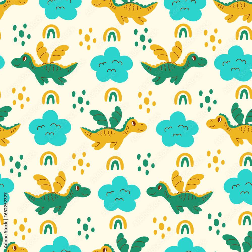 Naklejka premium Flying dragon seamless pattern with rainbow cloud and dots. Cute childish seamless background with little dragon with wings flying in the sky. Repeat vector illustration