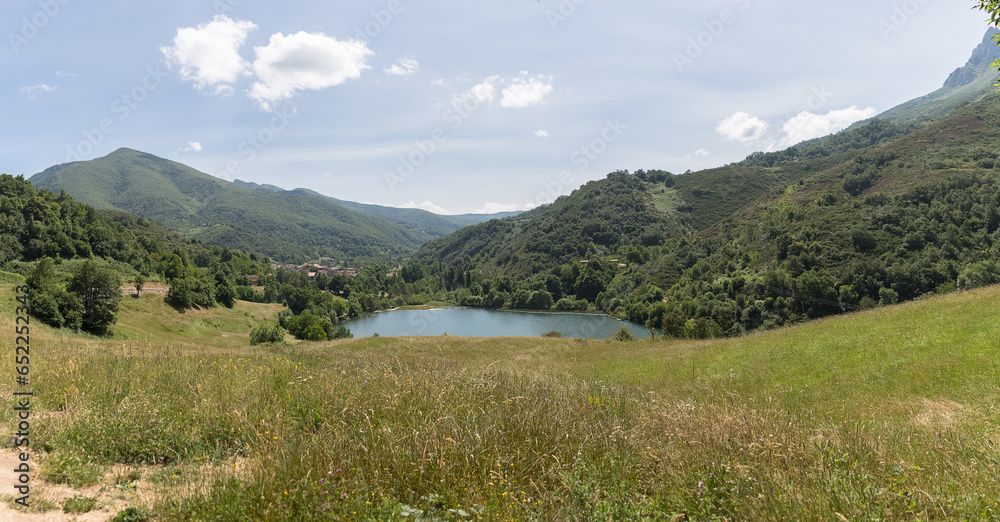 Panoramic view at the Picos de Europa, or Peaks of Europe, a mountain range extending for about 20 km, forming part of the Cantabrian Mountains in northern Spain