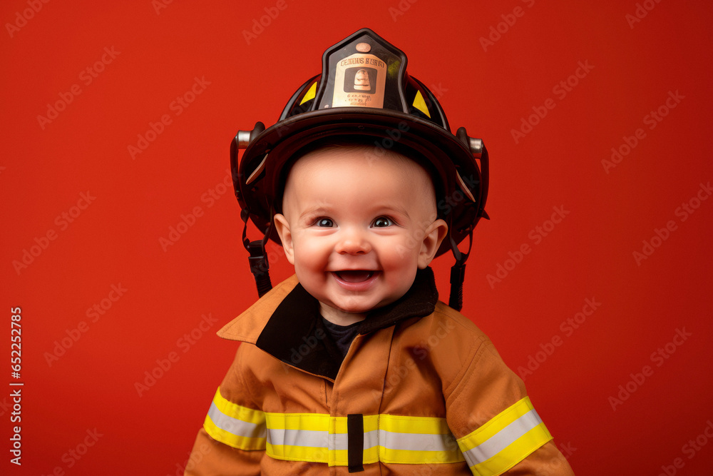 Brave Little Hero: 2-Year-Old Toddler Dressed as a Firefighter Stands Proud on a Vibrant Red Background
Brave Little Hero: 2-Year-Old Toddler Dressed as a Firefighter Stands Proud on a Vibrant Red Background