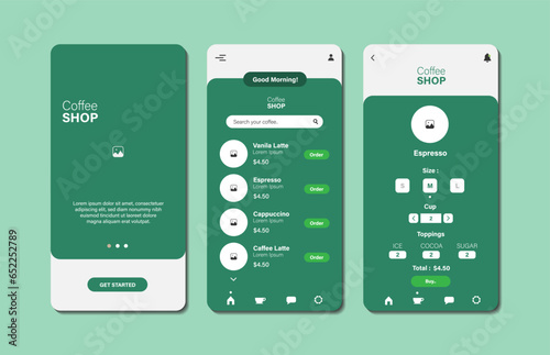 Application to buy coffee drinks. Collection of online coffee shop interface templates. Responsive GUI for mobile applications