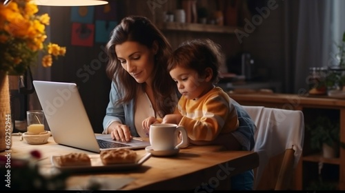 A mother works on a laptop with her son in her arms. Stay at home mom.