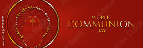 World Communion Day Red and Gold Greeting Banner. Gold typography with golden-lined cap and Sacramental bread framed by a wreath. Celebrated on October 1. Vector Illustration.