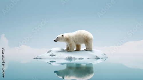 Polar bear on a tiny drifting iceberg, a high-quality minimalist editorial image depicting the profound impact of human-induced climate change on nature.