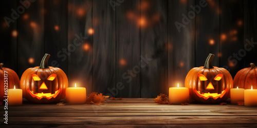 Group of jack-o-lantern pumpkins, candles on wooden with a central place for text. Halloween background. Generative AI