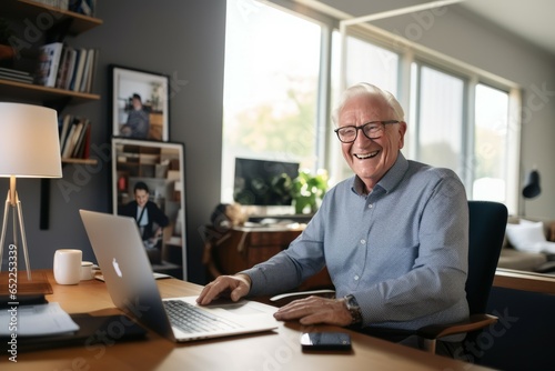 Happy senior businessman having a virtual meeting at home