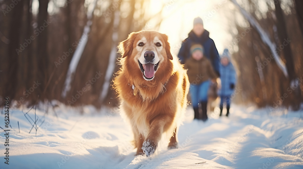 golden retriever running in the snow with blur background of family