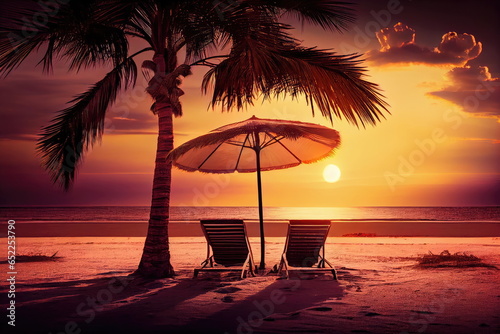 Two Sun Loungers, Beautiful Sunset on The Beach, Palm Trees, Abstract Generative AI Illustration