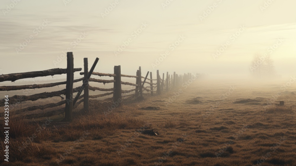 An old fence on a field with fog An old fence on a field with fog