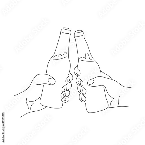 Hands holding beer bottle in sketch style. Cheers concept. Vector editable stroke.