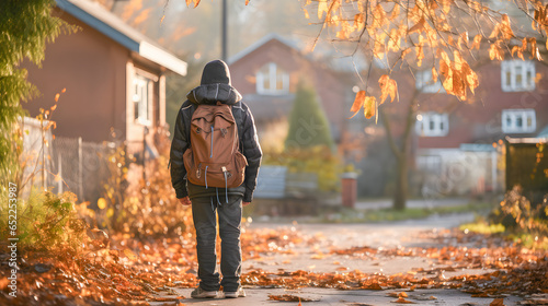 Boy with his backpack walking alone and depressed due to bullying. Childhood bullying and social problems. Generative ai photo