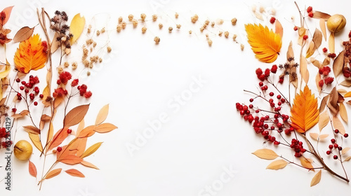Autumn creative frame composition with dried leaves, chestnuts, red berries and cones on white background. Generative AI © AngrySun