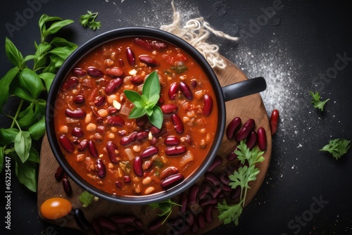 Chili Soup with Red Beans, Bean Minestrone, Vegetarian Chili Bean Stew Bowl, Abstract Generative AI Illustration
