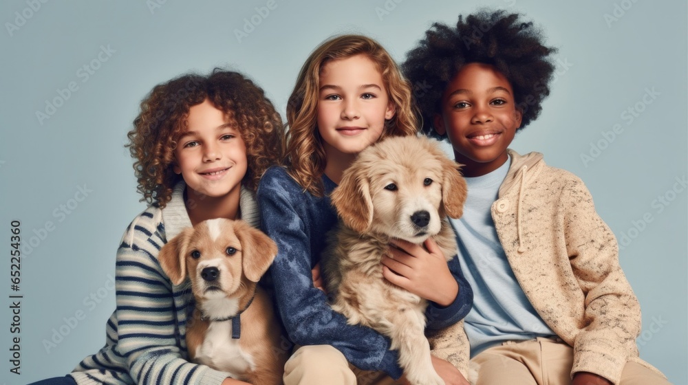 Portrait of kids and their four-legged family member in a studio environment.